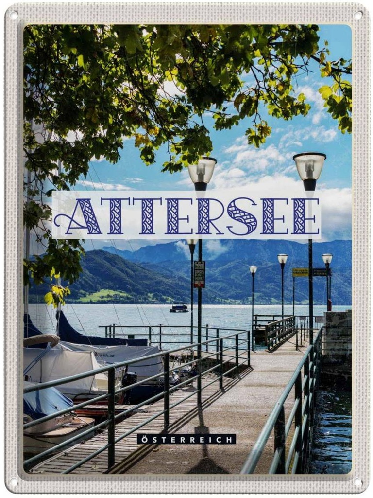 Blechschild 40x30 cm Attersee Österreich Kirche Laterne See Bildmotiv Reisemotiv Abenteuer Reisen Urlaub