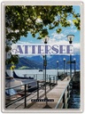 Blechschild 40x30 cm Attersee Österreich Kirche Laterne See Bildmotiv Reisemotiv Abenteuer Reisen Urlaub