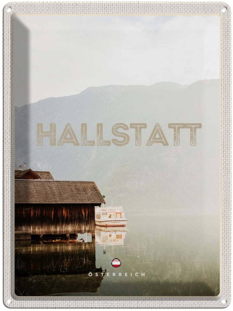 Blechschild 40x30 cm Hallstatt Österreich Reisen Urlaub See Berge Boot Bildmotiv Reisemotiv Essen Trinken Abenteuer
