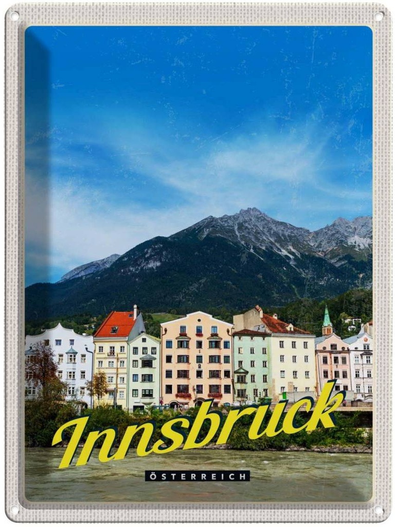 Blechschild 40x30 cm Innsbruck Gebirge Urlaub Natur Aussicht Stadt Bildmotiv Reisemotiv Abenteuer Reisen Europa