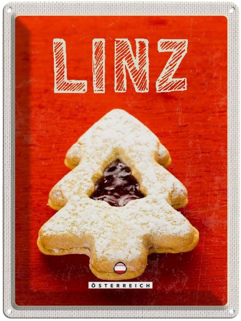 Blechschild 40x30 cm Linz Winter Plätzchen Erdbeerfüllung Bildmotiv Reisemotiv Abenteuer Reisen Europa Urlaub