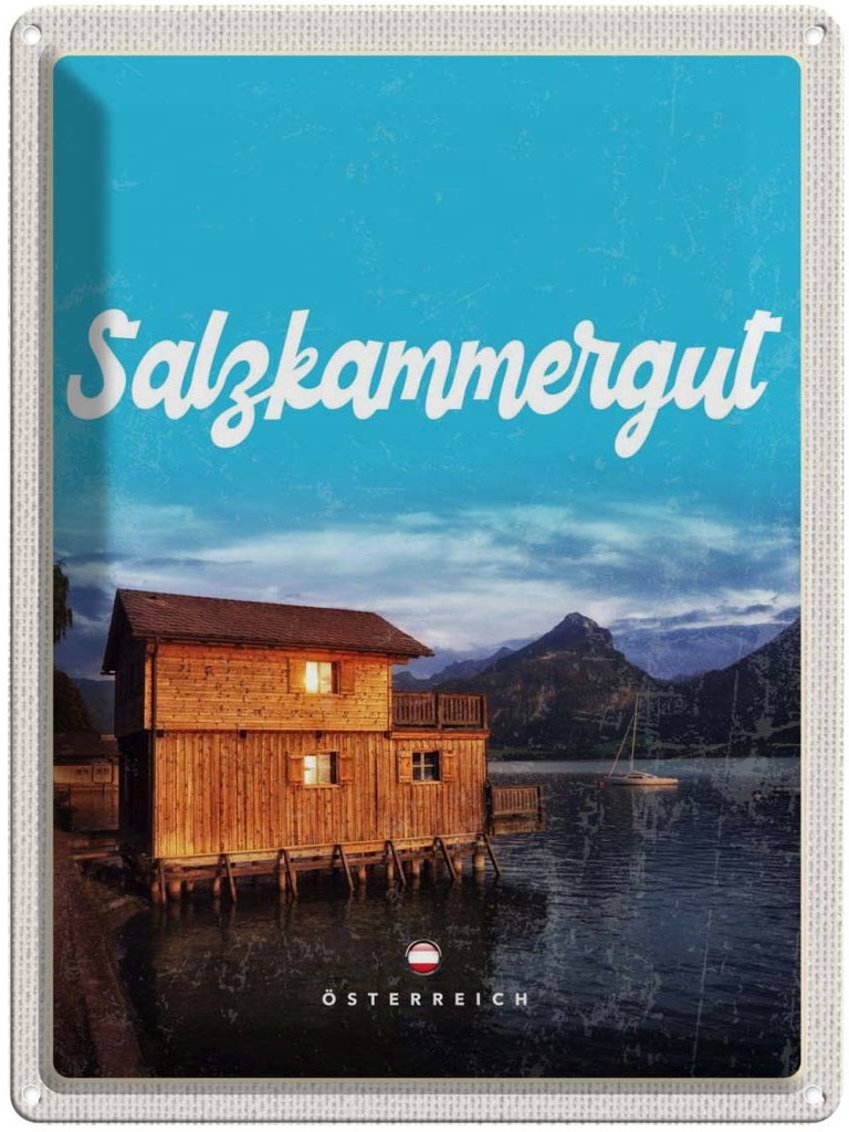 Blechschild 40x30 cm Salzkammergut Österreich Urlaub Haus am See Bildmotiv Reisemotiv Abenteuer Reisen Europa