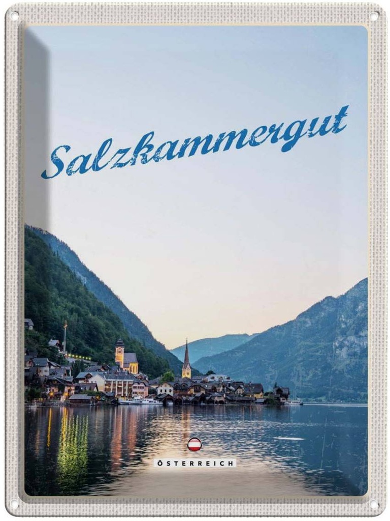 Blechschild 40x30 cm Salzkammergut Aussicht auf Stadt Bildmotiv Reisemotiv Abenteuer Reisen Europa Urlaub