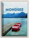 Blechschild 40x30 cm Mondsee Österreich Urlaub Boote See Berge Bildmotiv Reisemotiv Abenteuer Reisen Europa