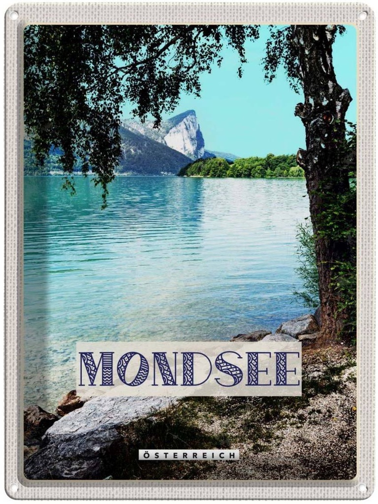 Blechschild 40x30 cm Mondsee Österreich See Wald Bildmotiv Reisemotiv Abenteuer Reisen Europa Urlaub