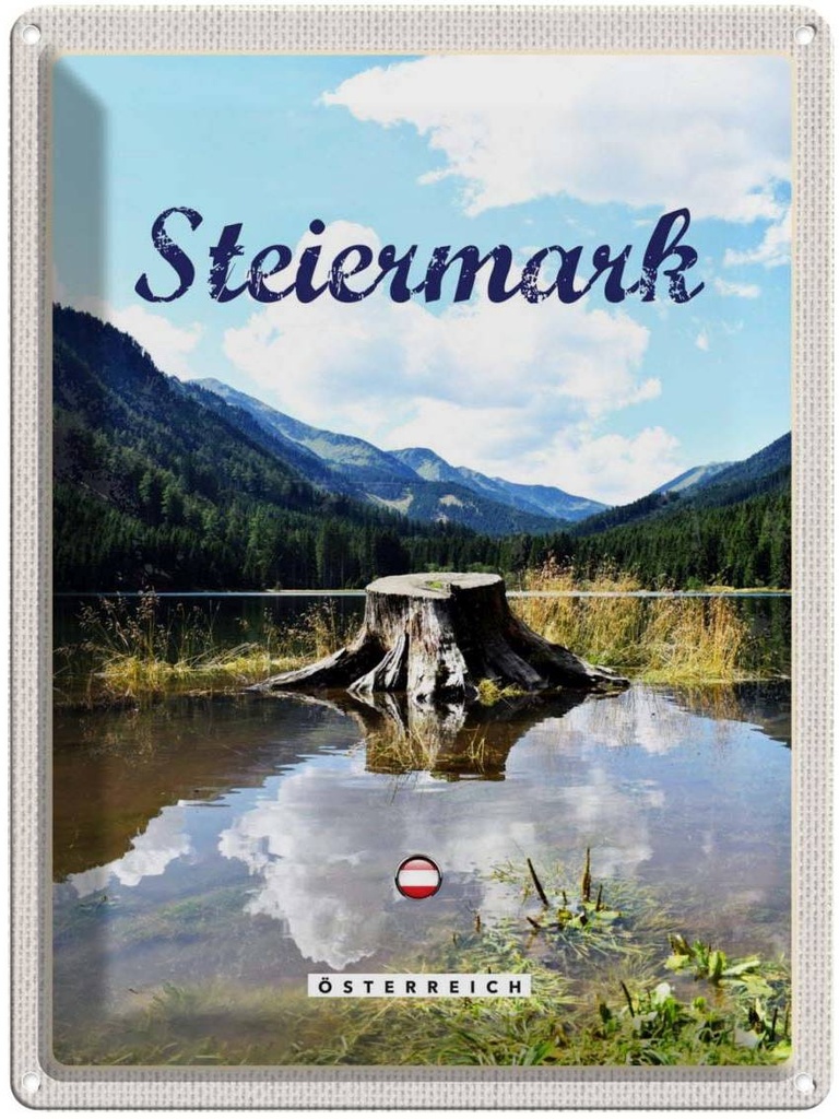 Blechschild 40x30 cm Steiermark Österreich Urlaub See Wald Berg Bildmotiv Reisemotiv Abenteuer Reisen Europa