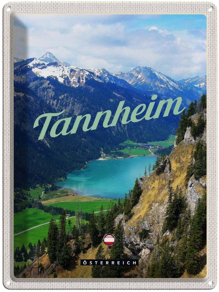 Blechschild 40x30 cm Tannheim Wälder Urlaub Wanderung See Bildmotiv Reisemotiv Abenteuer Reisen Straße Stadt