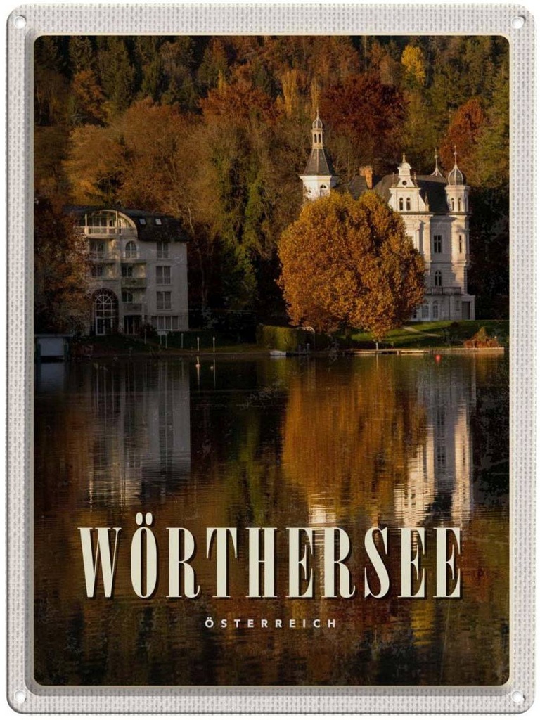 Blechschild 40x30 cm Wörthersee Europa Schloss Natur Bildmotiv Reisemotiv Abenteuer Reisen Urlaub