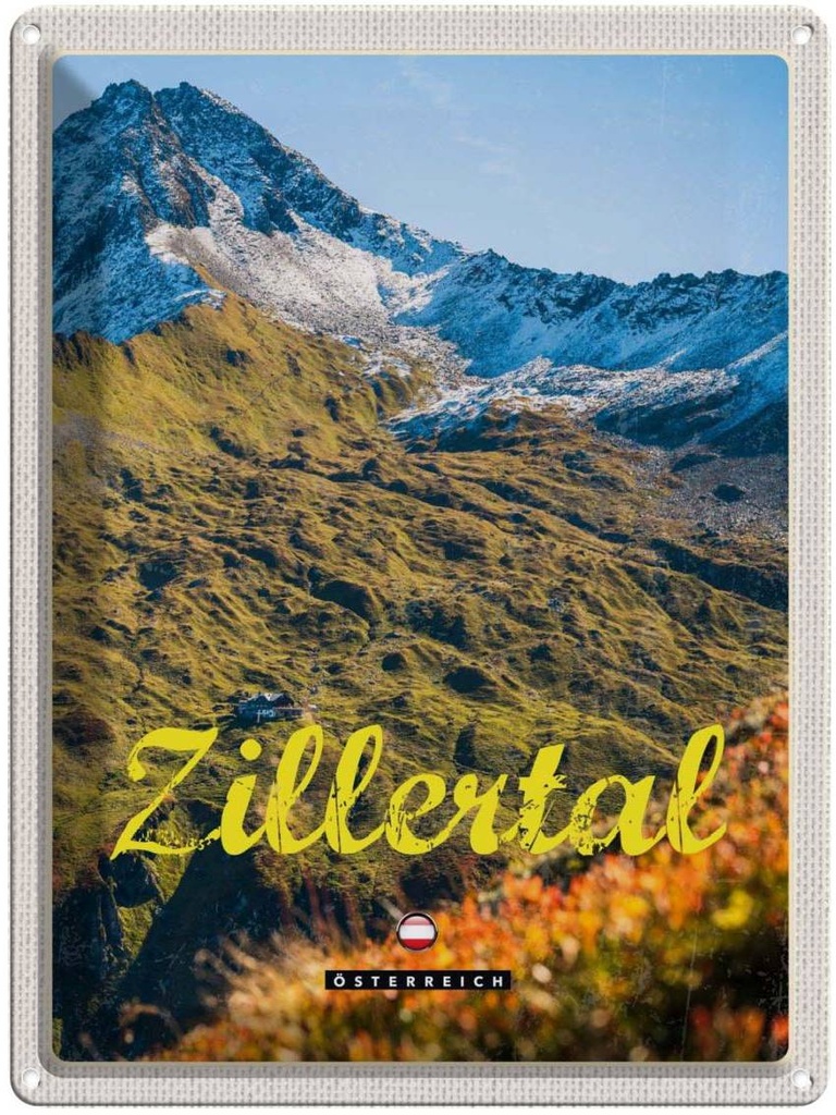 Blechschild 40x30 cm Zillertal Österreich Urlaub Natur Berg Wälder Bildmotiv Reisemotiv Abenteuer Reisen Europa