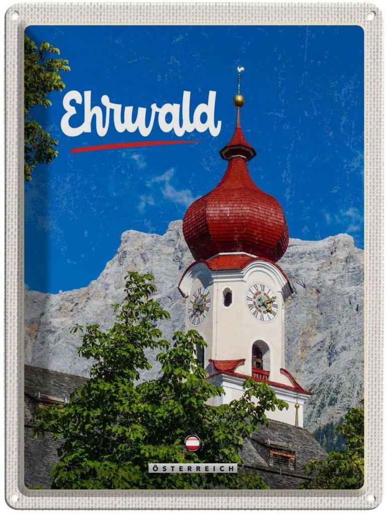 Blechschild 40x30 cm Whrwald Österreich Urlaub Kirche roter Dach Bildmotiv Reisemotiv Abenteuer Reisen Europa