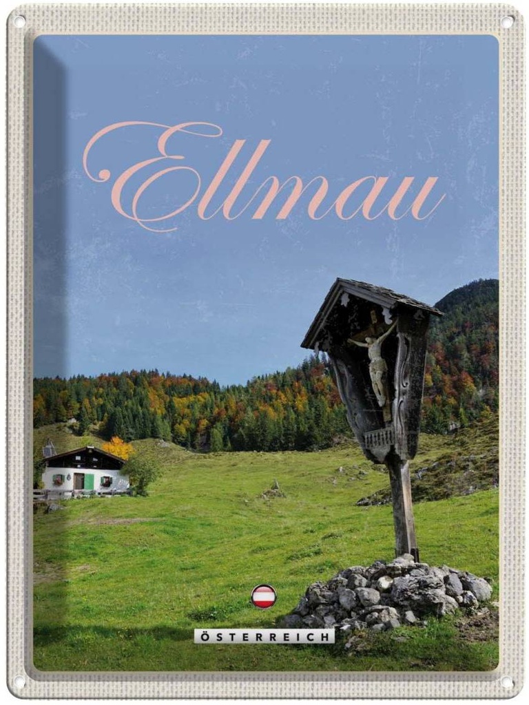 Blechschild 40x30 cm Ellmau Österreich Urlaub Weide Natur Jesus Bildmotiv Reisemotiv Abenteuer Reisen Europa