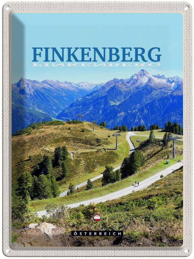 Blechschild 40x30 cm Finkenberg Aussicht Reisen Urlaub auf Wälder Gebirge Bildmotiv Reisemotiv Essen Trinken Abenteuer