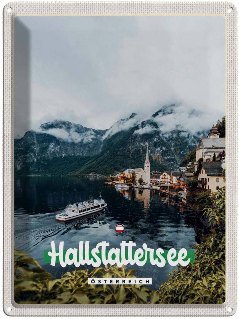 Blechschild 40x30 cm Hallstattersee Berge Reisen Urlaub Schiff Boot Berg Bildmotiv Reisemotiv Essen Trinken Abenteuer