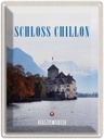 Blechschild 40x30 cm Ausblick auf Schloss Chillon Genfersee Bildmotiv Reisemotiv Abenteuer Reisen Urlaub