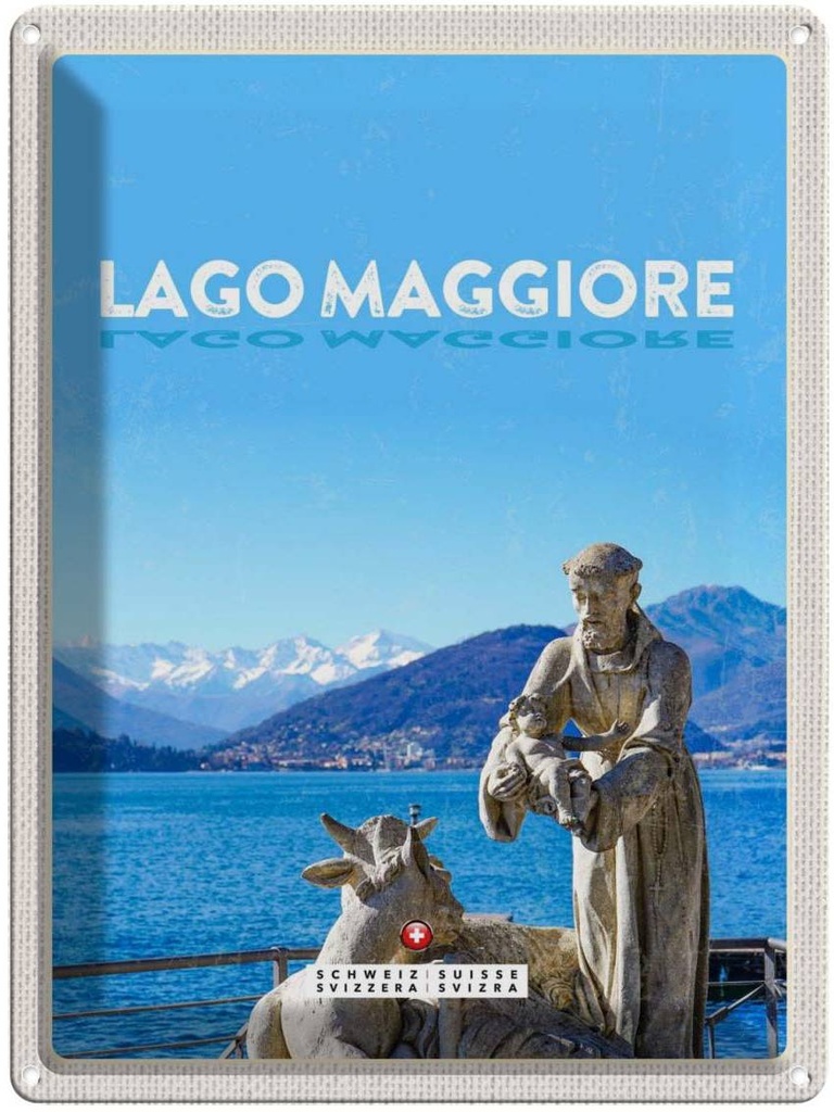 Blechschild 40x30 cm Lago Maggiore Urlaub Schweiz Skulptur Ziege Bildmotiv Reisemotiv Abenteuer Reisen Europa