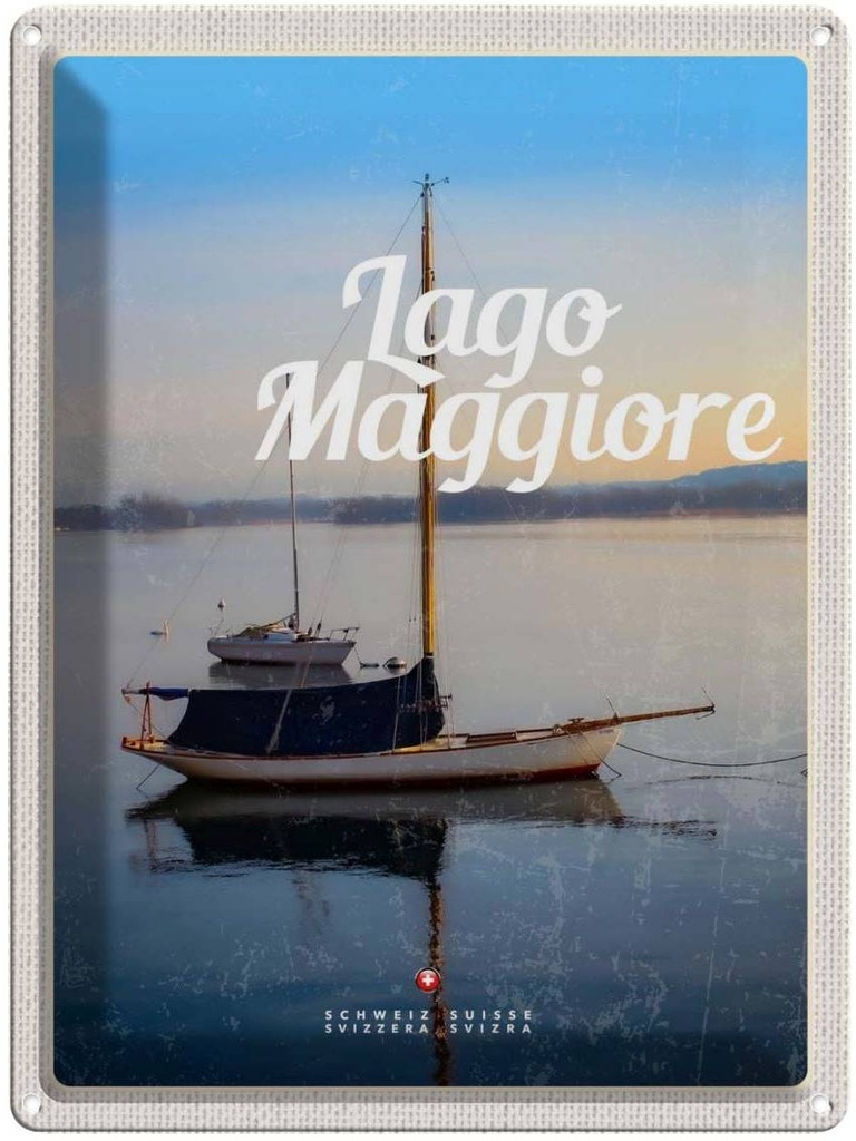 Blechschild 40x30 cm Lago Maggiore Urlaub Boote auf See Bildmotiv Reisemotiv Abenteuer Reisen Europa