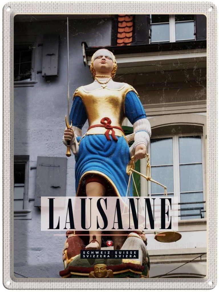 Blechschild 40x30 cm Lausanne Schweiz Urlaub Skulptur Frau Waage Bildmotiv Reisemotiv Abenteuer Reisen Europa