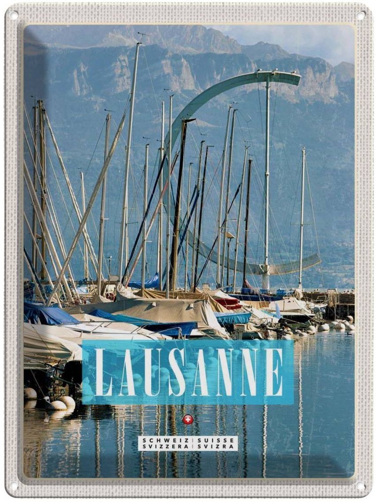 Blechschild 40x30 cm Lausanne Schweiz Urlaub Boote Gebirge Wälder Bildmotiv Reisemotiv Abenteuer Reisen Europa