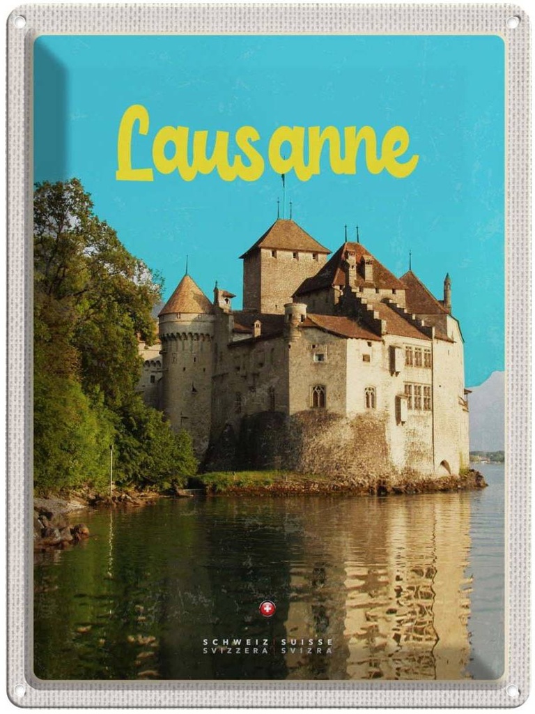 Blechschild 40x30 cm Lausanne Schloss See Schweiz Bildmotiv Reisemotiv Abenteuer Reisen Europa Urlaub