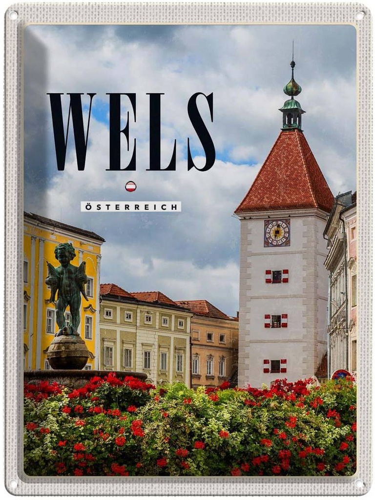 Blechschild 40x30 cm Wels Österreich Kirche Mittelalter Bildmotiv Reisemotiv Abenteuer Reisen Europa Urlaub