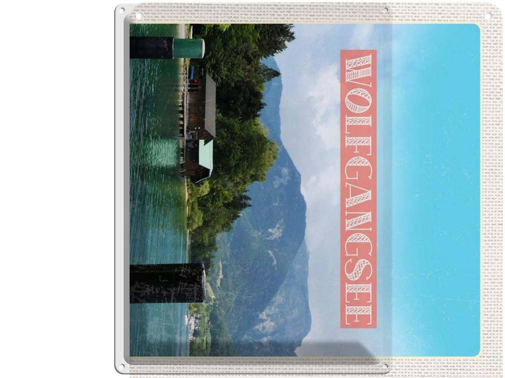 Blechschild 40x30 cm Wolfgangsee See Camping Stadt Natur Bildmotiv Reisemotiv Abenteuer Reisen Urlaub Outdoor