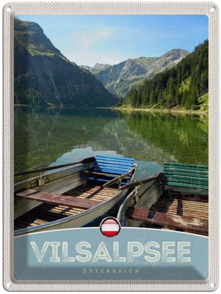 Blechschild 40x30 cm Vilsalpsee Österreich Wälder Boot Bildmotiv Reisemotiv Abenteuer Reisen Europa Urlaub
