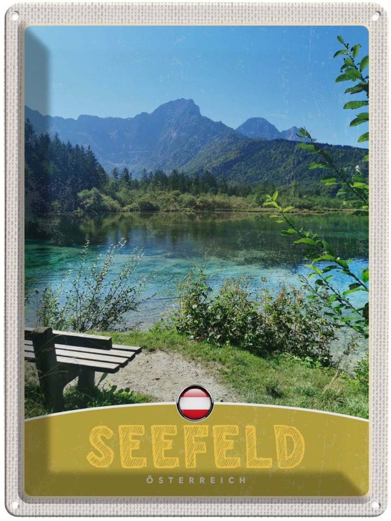 Blechschild 40x30 cm Seefeld Österreich Wald Wanderung Bildmotiv Reisemotiv Abenteuer Reisen Europa Urlaub