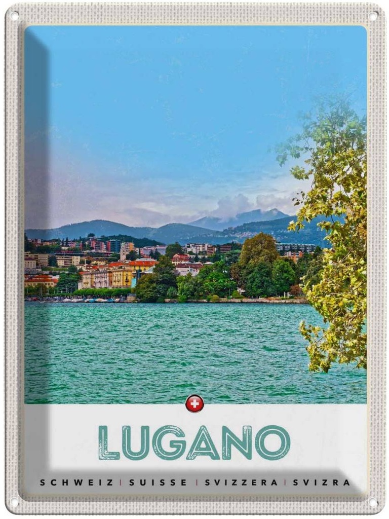 Blechschild 40x30 cm Lugano Schweiz Europa Urlaub See Ausblick auf Stadt Bildmotiv Reisemotiv Abenteuer Reisen