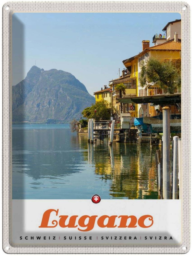 Blechschild 40x30 cm Lugano Schweiz Europa Urlaub See Ausblick auf Berg Bildmotiv Reisemotiv Abenteuer Reisen