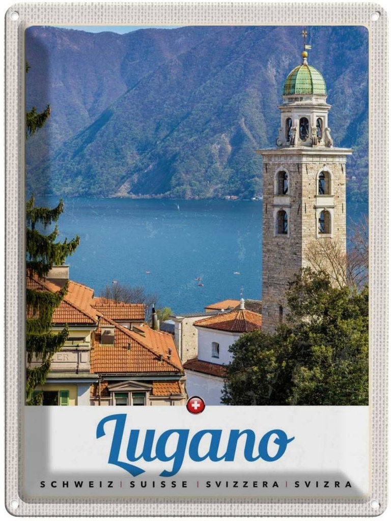 Blechschild 40x30 cm Lugano Schweiz Urlaub See Kirche Gebirge Bildmotiv Reisemotiv Abenteuer Reisen Europa