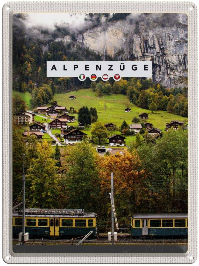 Blechschild 40x30 cm Alpenzüge Schweiz Bahn Tal Häuser Bildmotiv Reisemotiv Abenteuer Reisen Urlaub