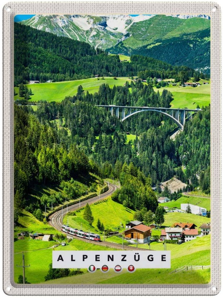 Blechschild 40x30 cm Alpenzüge Schweiz Österreich Brücke Bildmotiv Reisemotiv Abenteuer Reisen Urlaub