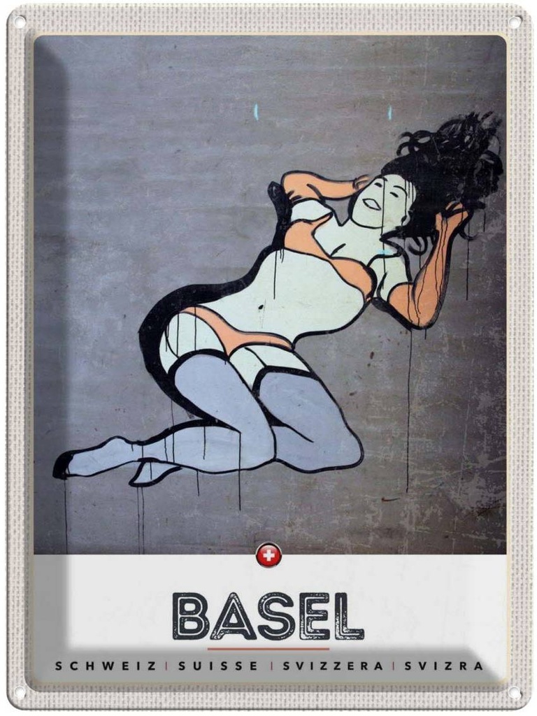 Blechschild 40x30 cm Basel Schweiz nackte Frau Graffiti Bildmotiv Reisemotiv Abenteuer Reisen Urlaub