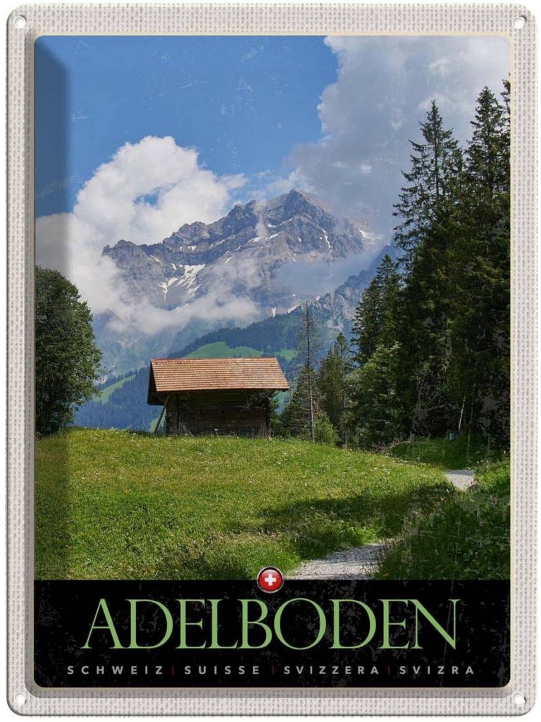 Blechschild 40x30 cm Adelboden Schweiz Wälder Häuschen Bildmotiv Reisemotiv Abenteuer Reisen Urlaub