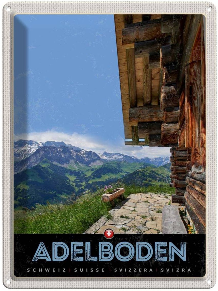 Blechschild 40x30 cm Adelboden Schweiz Aussicht auf Gebirge Bildmotiv Reisemotiv Abenteuer Reisen Urlaub