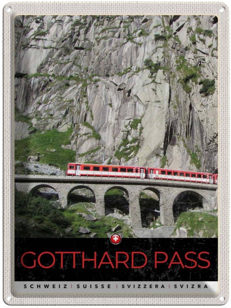 Blechschild 40x30 cm Gotthard Pass Urlaub Schweiz rote Lokomotive Bildmotiv Reisemotiv Abenteuer Reisen Europa