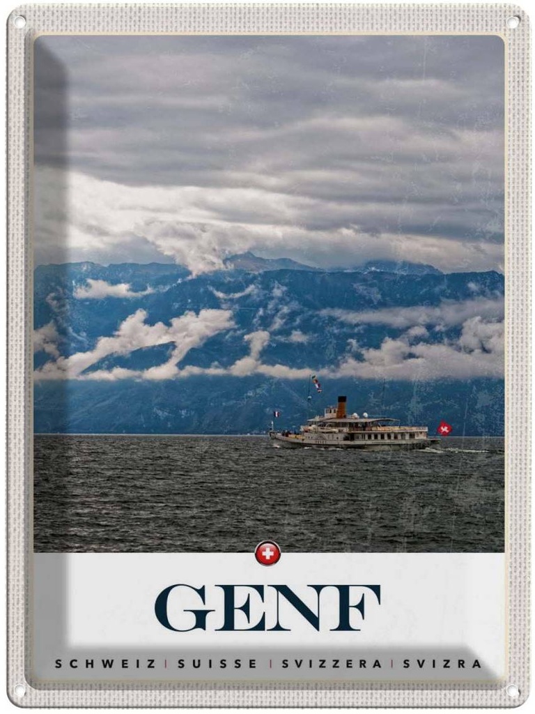 Blechschild 40x30 cm Genf Schweiz Urlaub Schiffe Gebirge Himmel Bildmotiv Reisemotiv Abenteuer Reisen Europa
