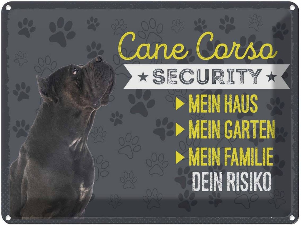 Blechschild 30x40 cm Cane Corso Haustier Urlaub Hund Security dein Risiko Bildmotiv Reisemotiv Abenteuer Reisen Tier