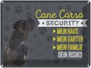 Blechschild 30x40 cm Cane Corso Haustier Urlaub Hund Security dein Risiko Bildmotiv Reisemotiv Abenteuer Reisen Tier