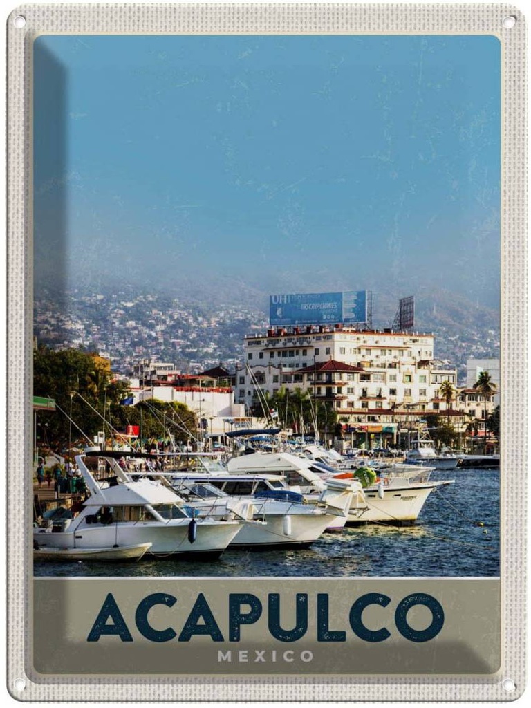 Blechschild 40x30 cm Acapulco Mexiko Yacht Gebirge Meer Bildmotiv Reisemotiv Abenteuer Reisen Urlaub