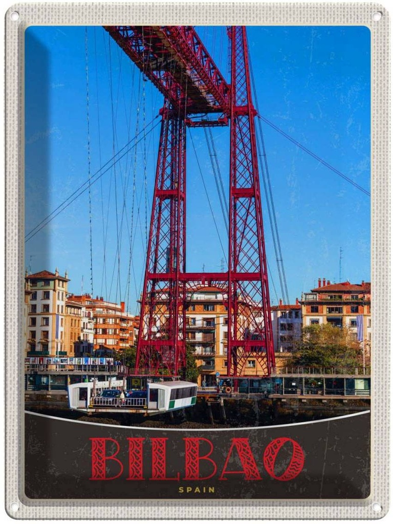 Blechschild 40x30 cm Bilbao Spanien Europa rote Brücke Bildmotiv Reisemotiv Abenteuer Reisen Urlaub