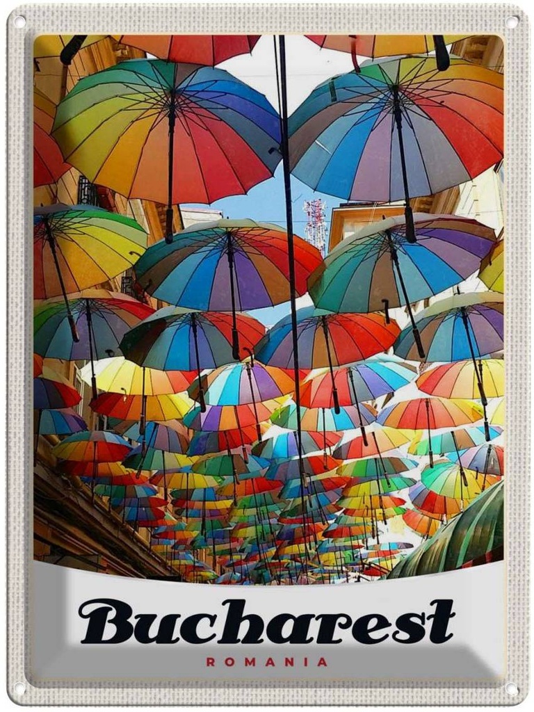 Blechschild 40x30 cm Bukarest Rumänien Regenschirm bunt Bildmotiv Reisemotiv Abenteuer Reisen Europa Urlaub