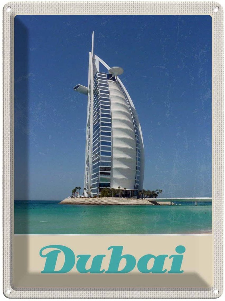 Blechschild 40x30 cm Dubai Afrika Strand Meer Hochhaus Bildmotiv Reisemotiv Abenteuer Reisen Urlaub