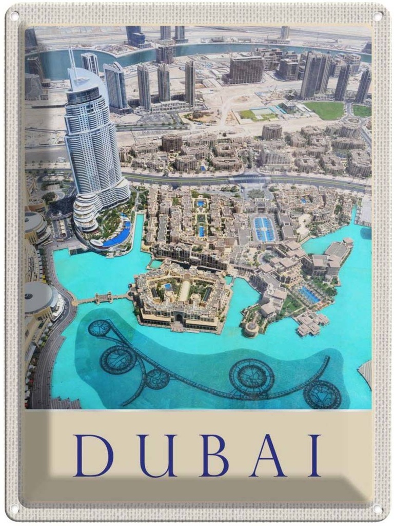 Blechschild 40x30 cm Aussicht auf Dubai Hochhaus Meer Bildmotiv Reisemotiv Abenteuer Reisen Urlaub