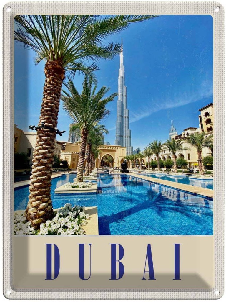 Blechschild 40x30 cm Dubai Palmen Wolkenkratzer Bildmotiv Reisemotiv Abenteuer Reisen Straße Stadt Urlaub