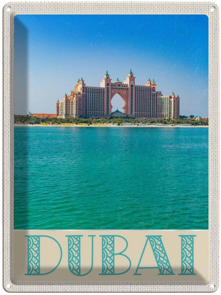 Blechschild 40x30 cm Dubai Strand Meer Moschee Sonne Bildmotiv Reisemotiv Abenteuer Reisen Urlaub
