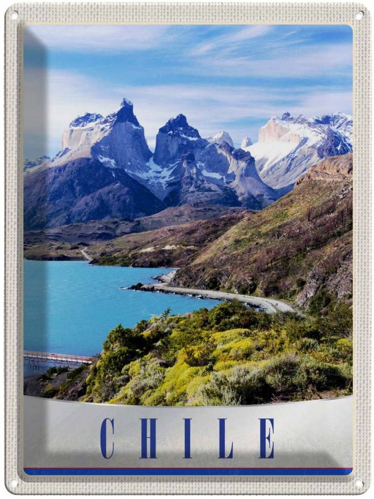 Blechschild 40x30 cm Chile Gebirge Meer Natur Schnee Bildmotiv Reisemotiv Abenteuer Reisen Urlaub