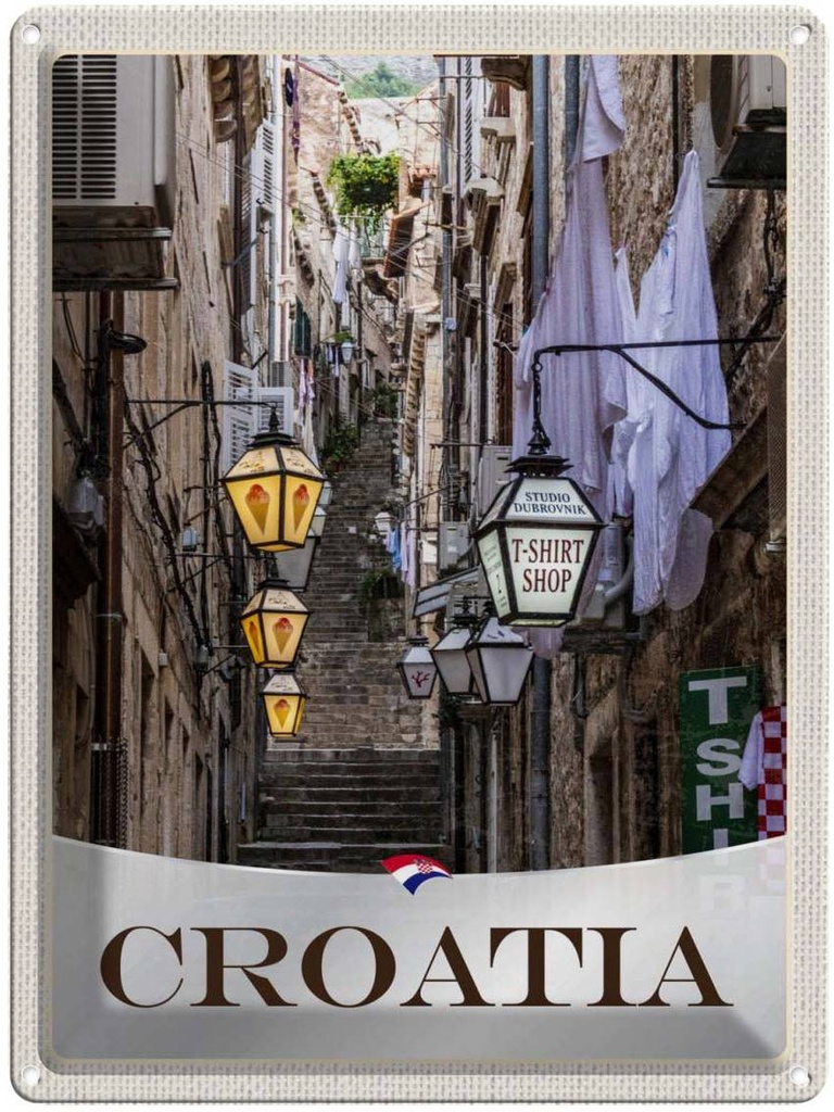 Blechschild 40x30 cm Kroatien Altstadt Treppen Laterne Bildmotiv Reisemotiv Abenteuer Reisen Europa Urlaub