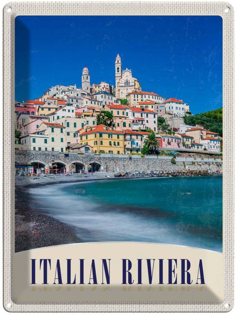 Blechschild 40x30 cm Italien Riviera Urlaub Stadt Strand Wellen Bildmotiv Reisemotiv Abenteuer Reisen Europa