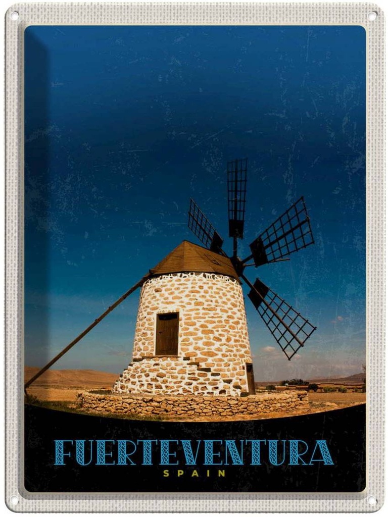 Blechschild 40x30 cm Fuerteventura Spanien Windrad Bildmotiv Reisemotiv Abenteuer Reisen Straße Stadt Urlaub